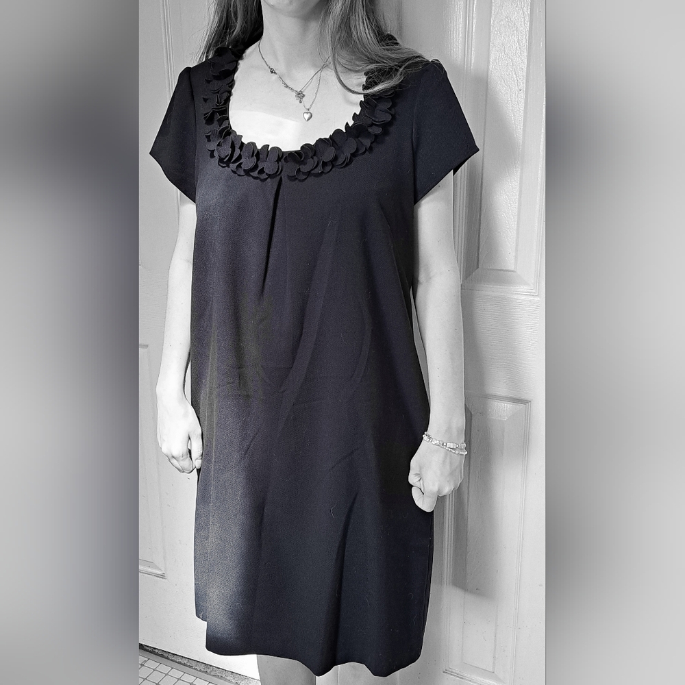 LOFT Elegant Black Dress with Floral Flowers Ruffle Neckline Cap Sleeve